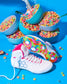 Colorful wrestling shoe with a cereal-themed design on a blue background