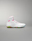 White wrestling shoe with colorful sole on a gray background