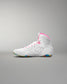 White wrestling shoe with colorful sole on a gray background
