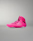 Pink high-top sneaker with a brand logo on a gray background