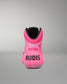 A single high-top Wrestling shoe shown from the back, featuring a vibrant pink upper with a black collar, black 'RUDIS' branding on the heel, and a black interior lining, set against a neutral gray studio background.