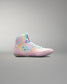 Pink Wrestling shoe with colorful accents on a gray background