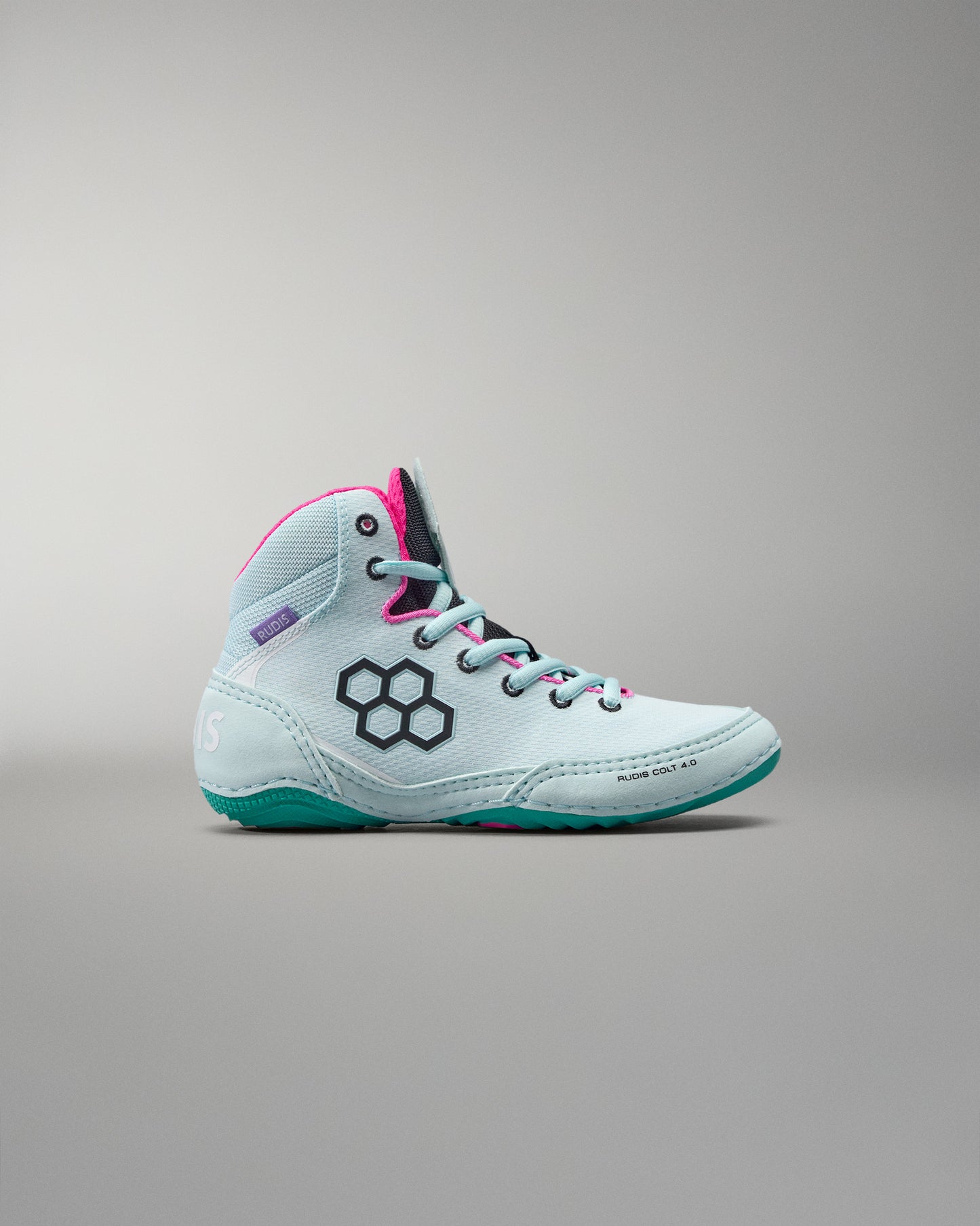 Light blue high-top sneaker with pink accents on a gray background