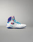 White USA Wrestling Shoes with blue and red accents on a gray background