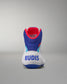 Blue and white USA Wrestling shoe with red accents on a gray background
