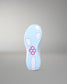 Light blue shoe sole with a pink logo on a gray background