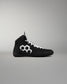 Side profile of the RUDIS Courage 2.0 Youth Wrestling Shoe with a lightweight black upper, white RUDIS logo, and supportive high-top construction.