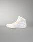 A high-top athletic wrestling shoe in white with gold accents, including the laces and logo details, shown in profile against a neutral gray background.