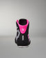 A black high-top wrestling shoe shown from the back, featuring a vibrant hot pink collar with a white smiley face, gray graphic patterns, and the brand name 'RUDIS' printed vertically in white.