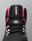 Close-up of the top of a black wrestling shoe with bright pink accents and white branding details, including the text 'HILDEBRANDT' on the tongue pull tab.