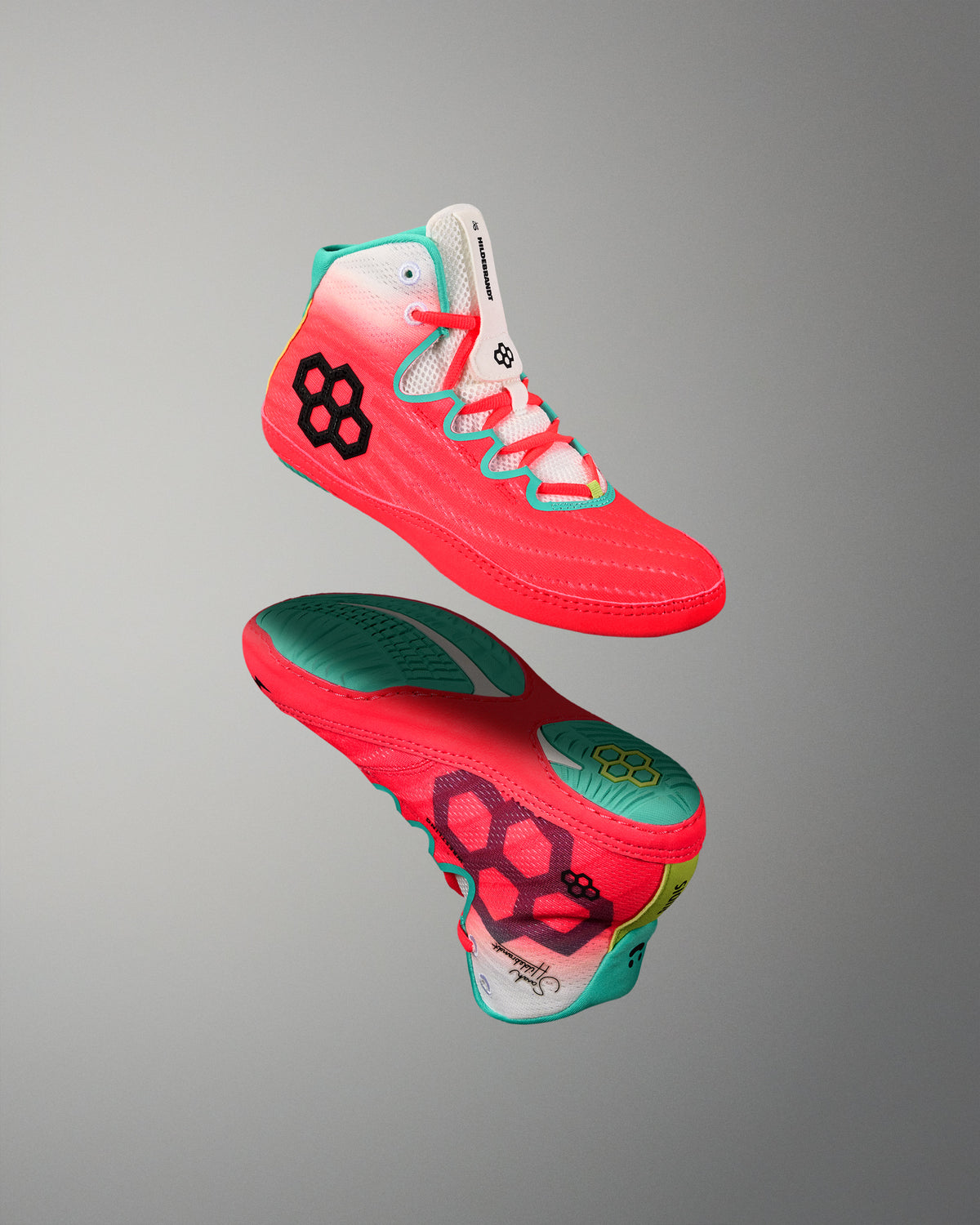 RUDIS Hildebrandt 2.0 Girls Wrestling Shoes in Neon Surge shown from angled upper and outsole views.