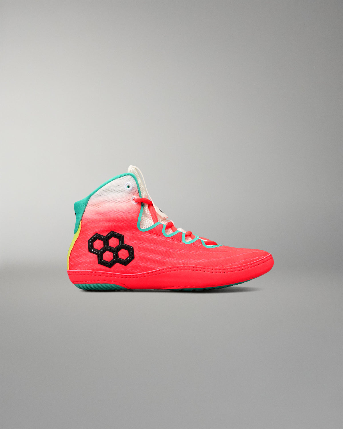 Side profile of the RUDIS Hildebrandt 2.0 Girls Wrestling Shoe in Neon Surge with black RUDIS logo and teal accents.