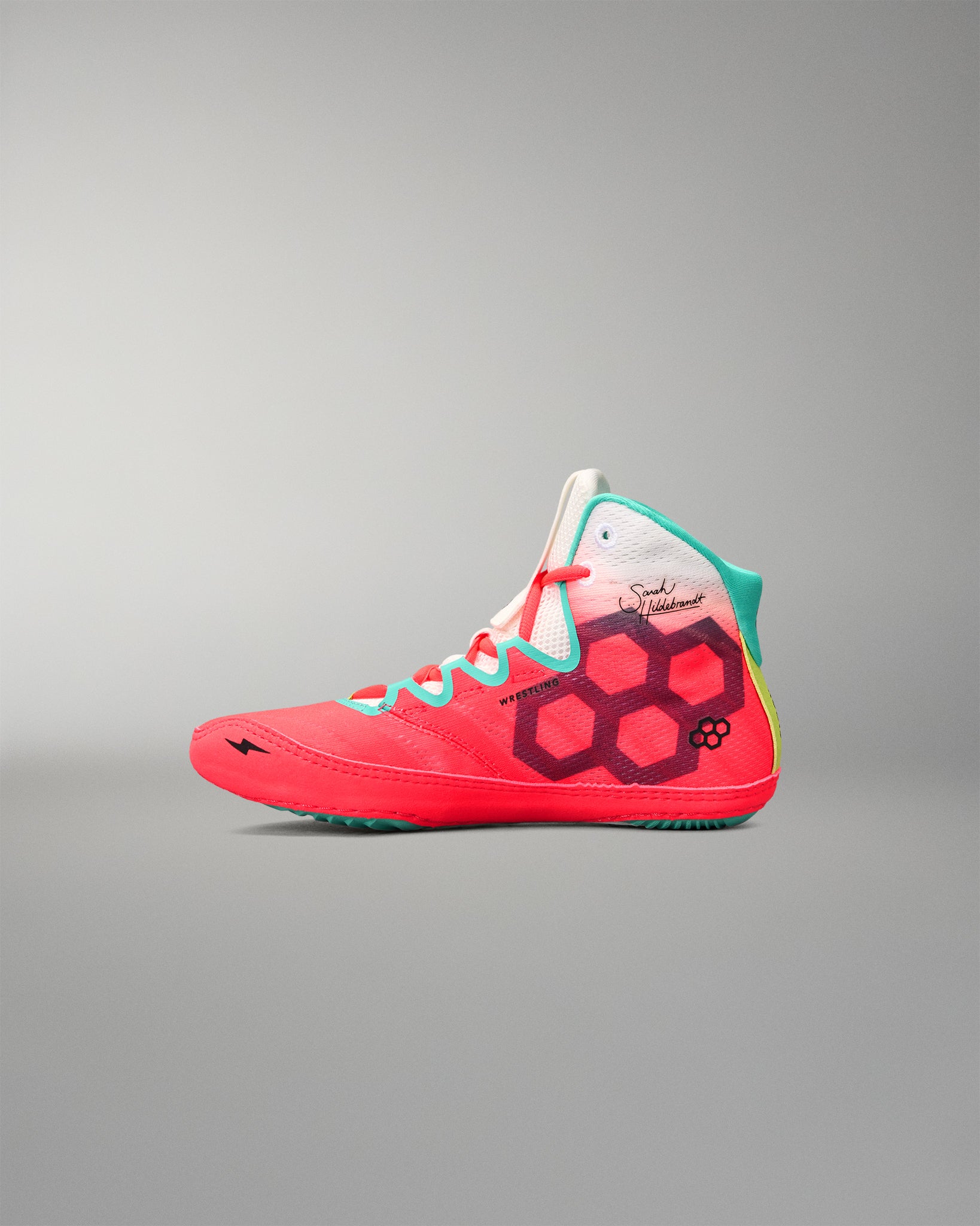 Inner side view of the RUDIS Hildebrandt 2.0 Girls Wrestling Shoe in Neon Surge featuring Sarah Hildebrandt signature graphics.