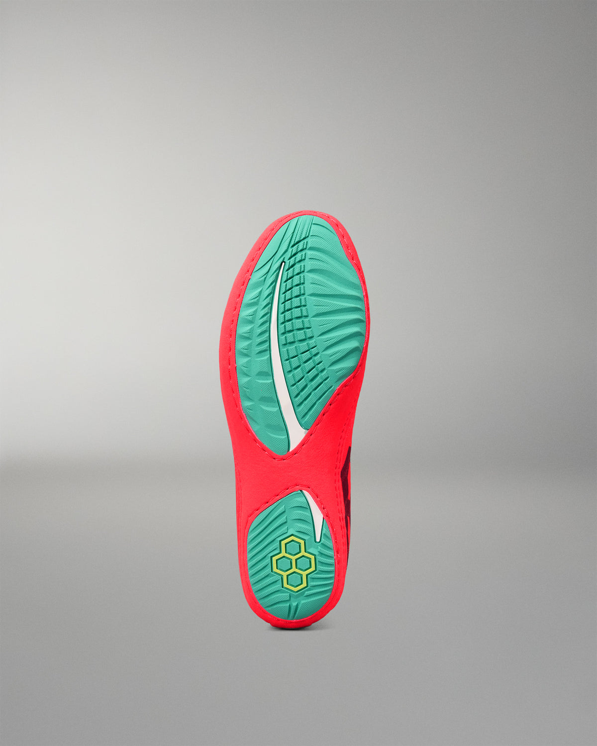 Bottom view of the RUDIS Hildebrandt 2.0 Girls Wrestling Shoe showing the teal split outsole and multidirectional traction pattern.