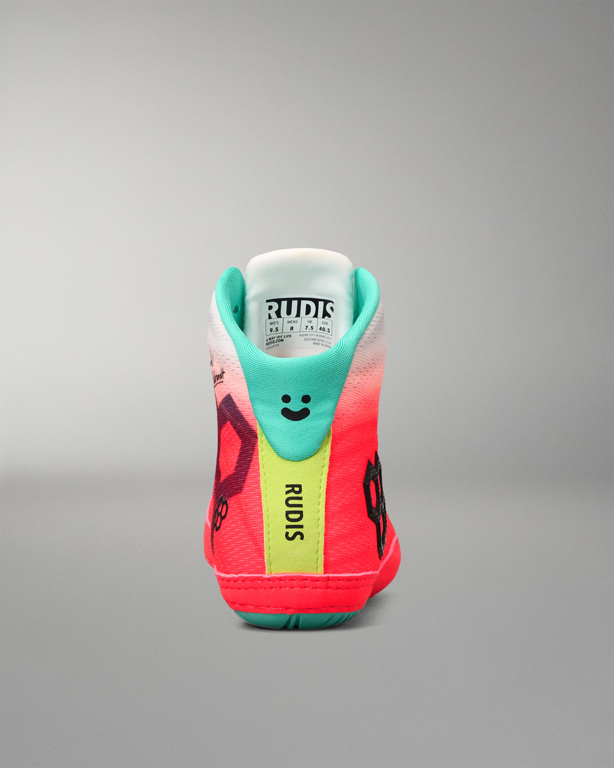 Rear view of the RUDIS Hildebrandt 2.0 Girls Wrestling Shoe with teal heel padding, RUDIS branding, and Neon Surge upper.