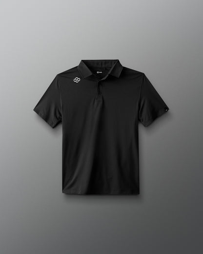 Black polo shirt with a logo on a gray background