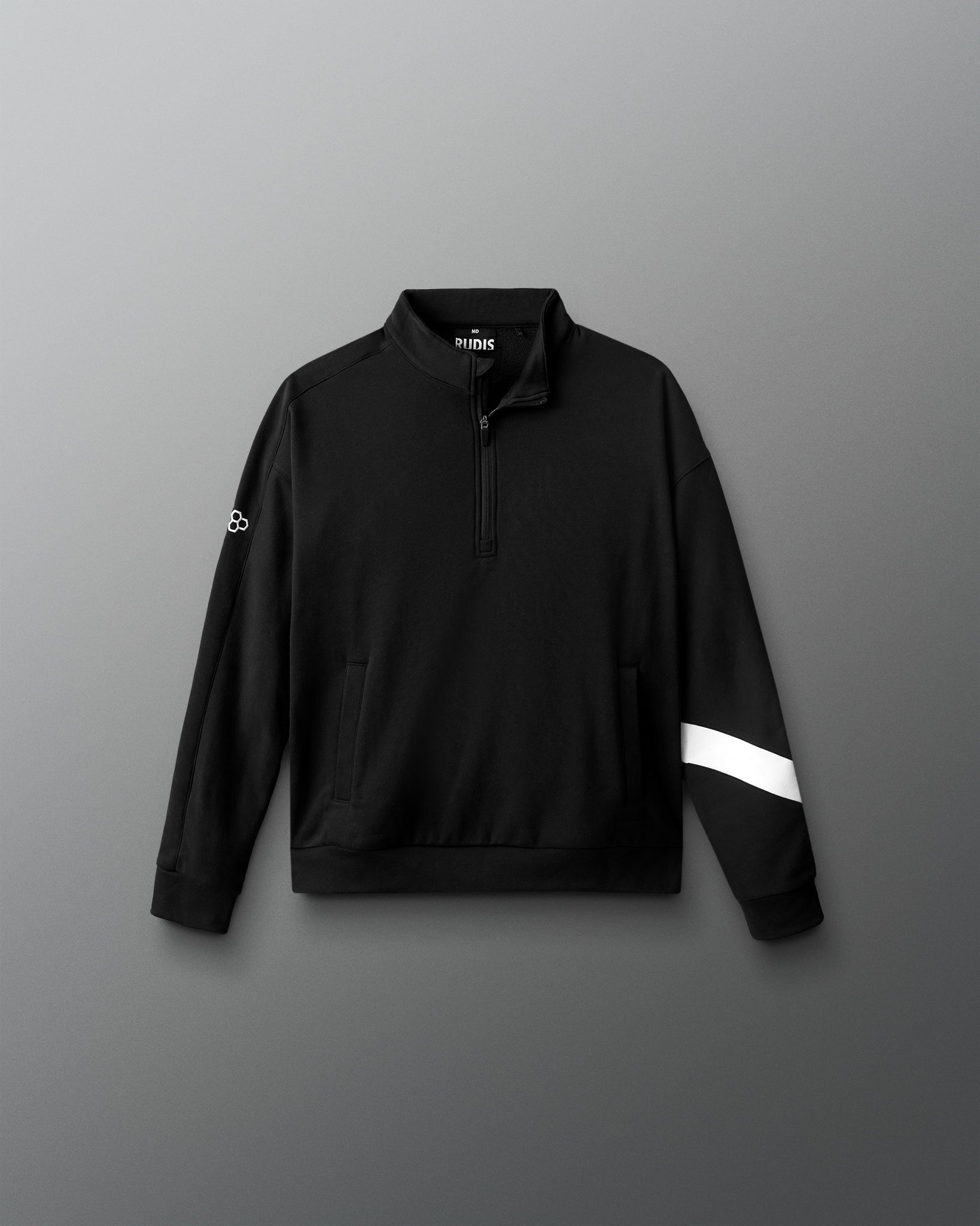 Black pullover with a white stripe on a gray background
