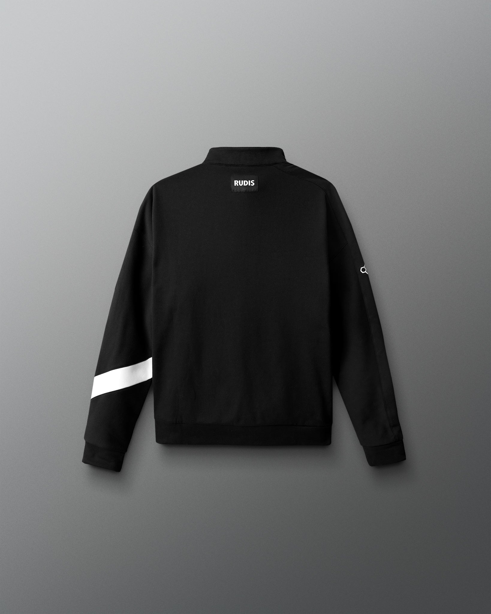 Black sweatshirt with a white stripe on a gray background