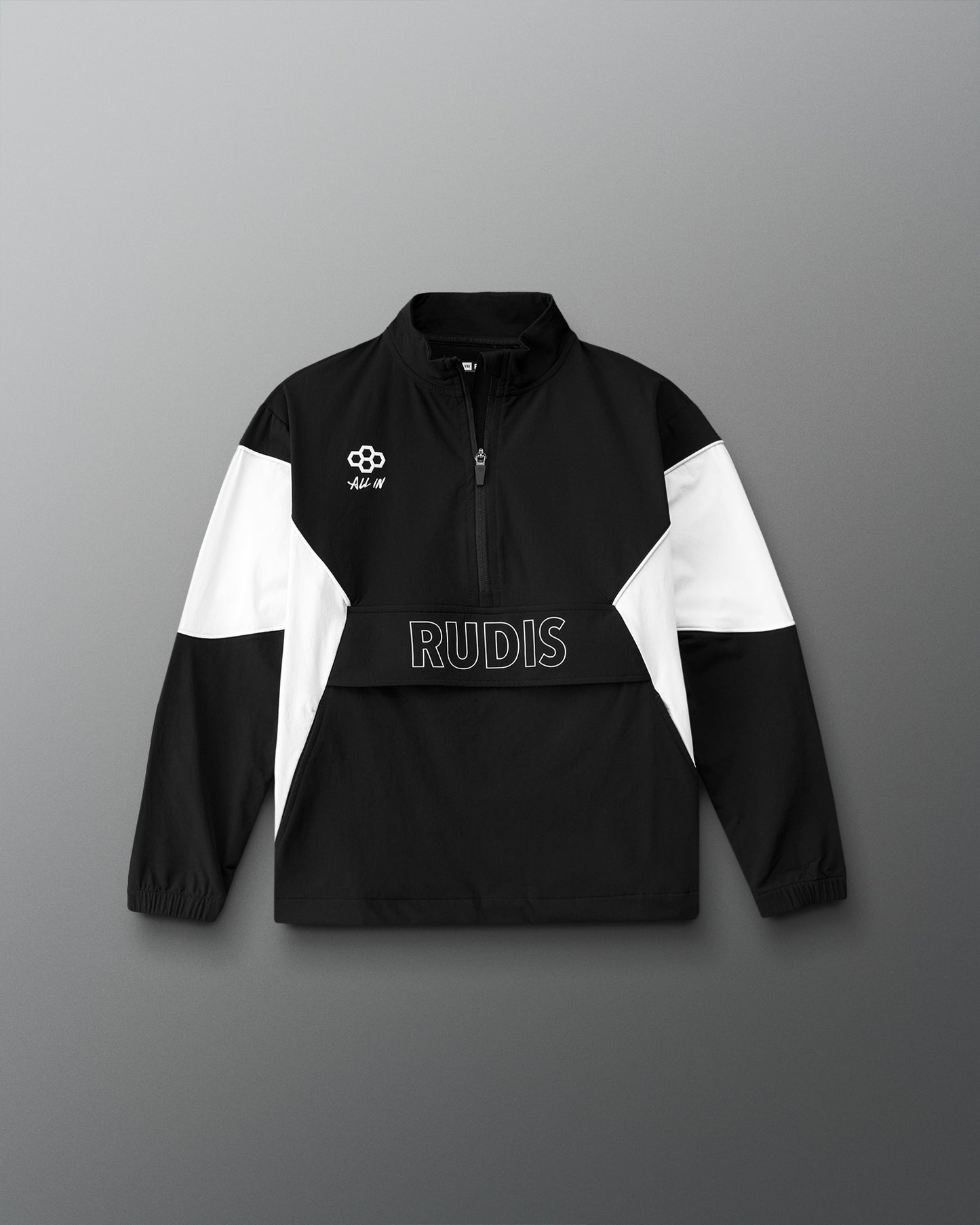 Black and white jacket with 'RUDIS' branding on a gray background