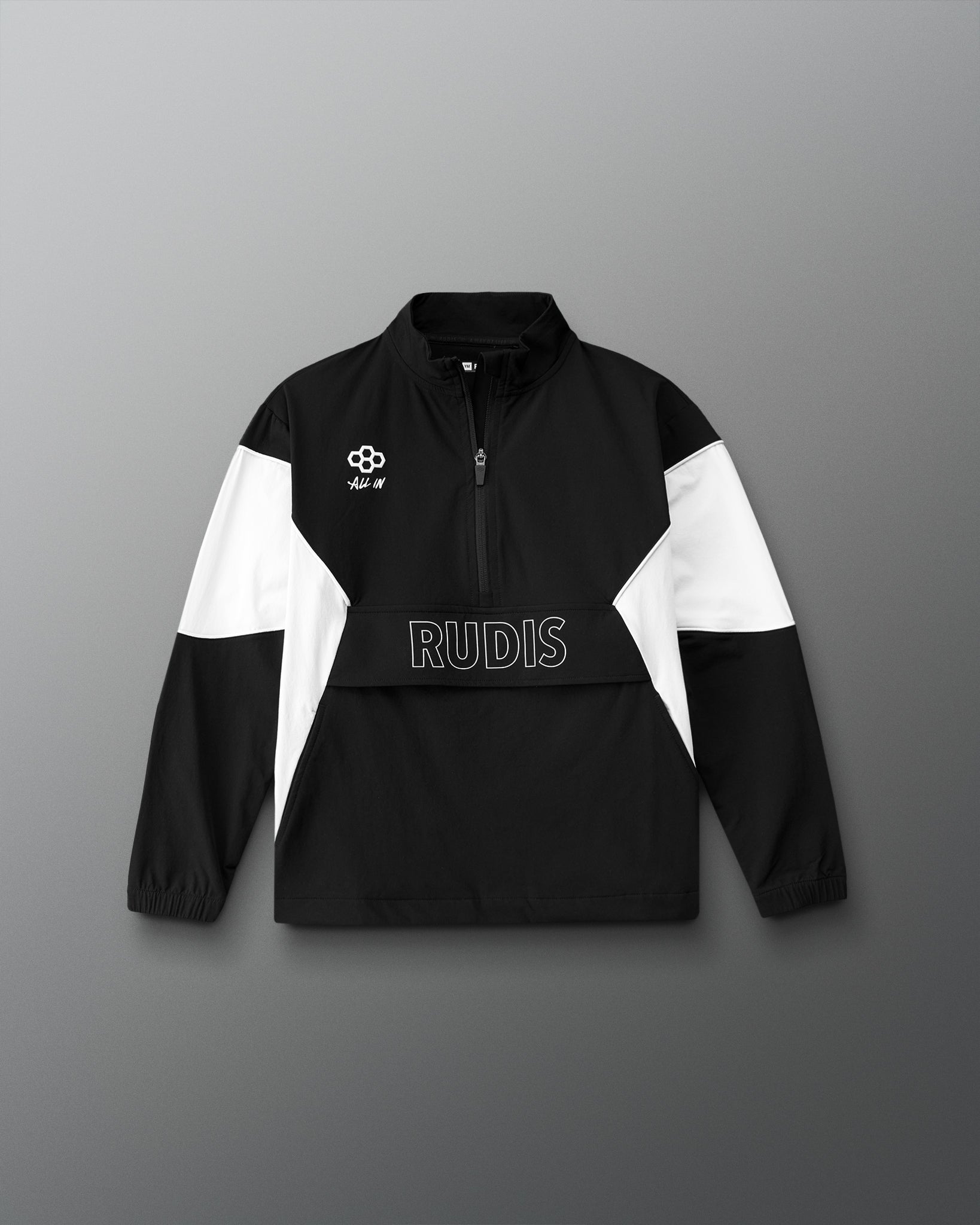 Black and white jacket with 'RUDIS' branding on a gray background