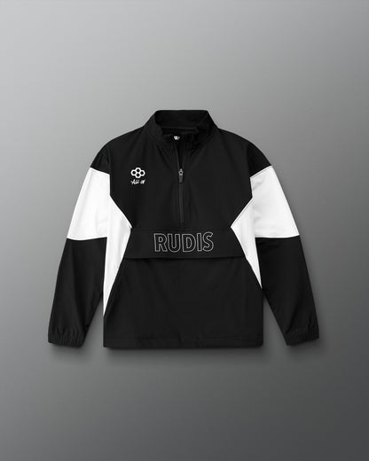 Black and white jacket with 'RUDIS' branding on a gray background