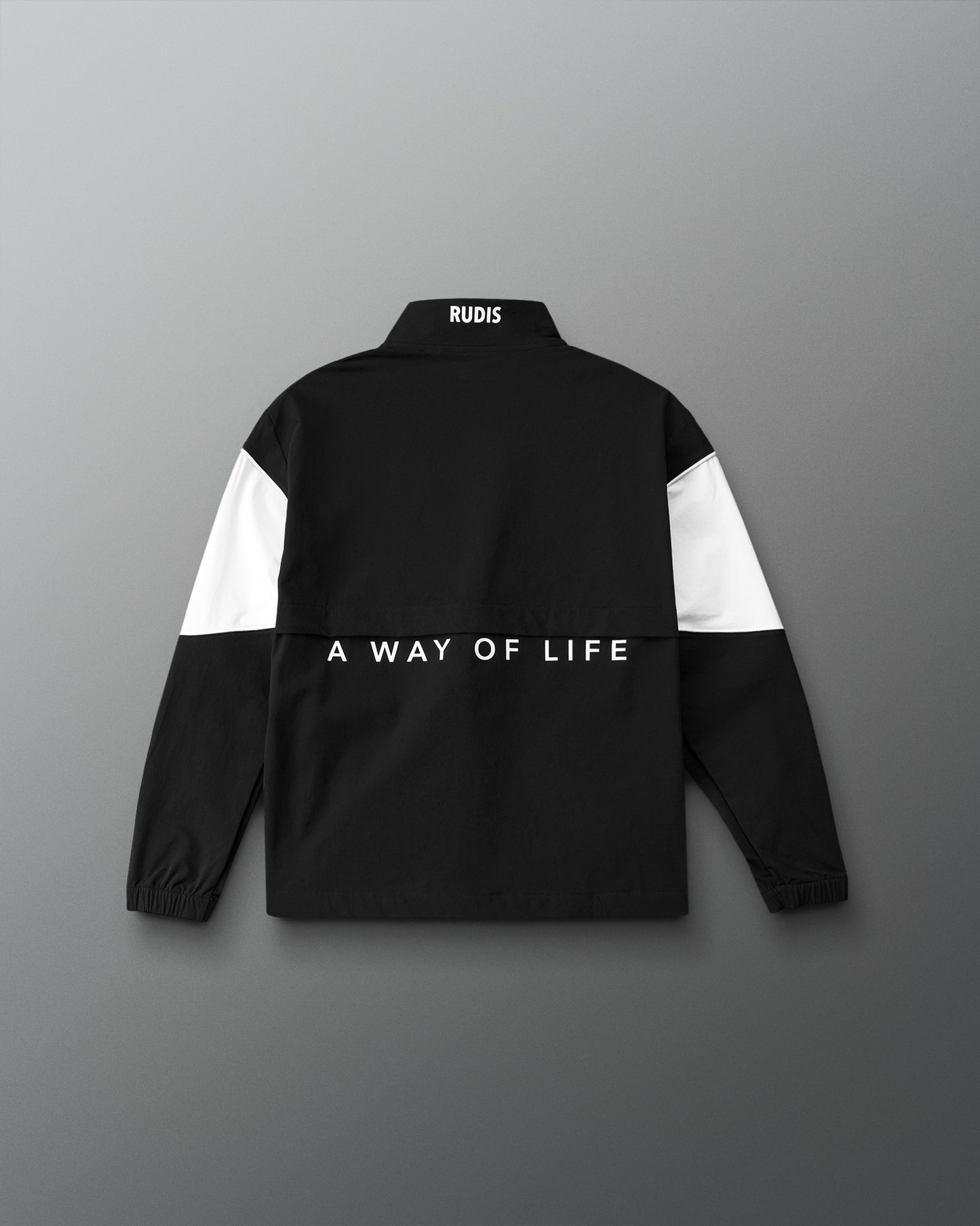 Black jacket with white sleeves and text on a gray background