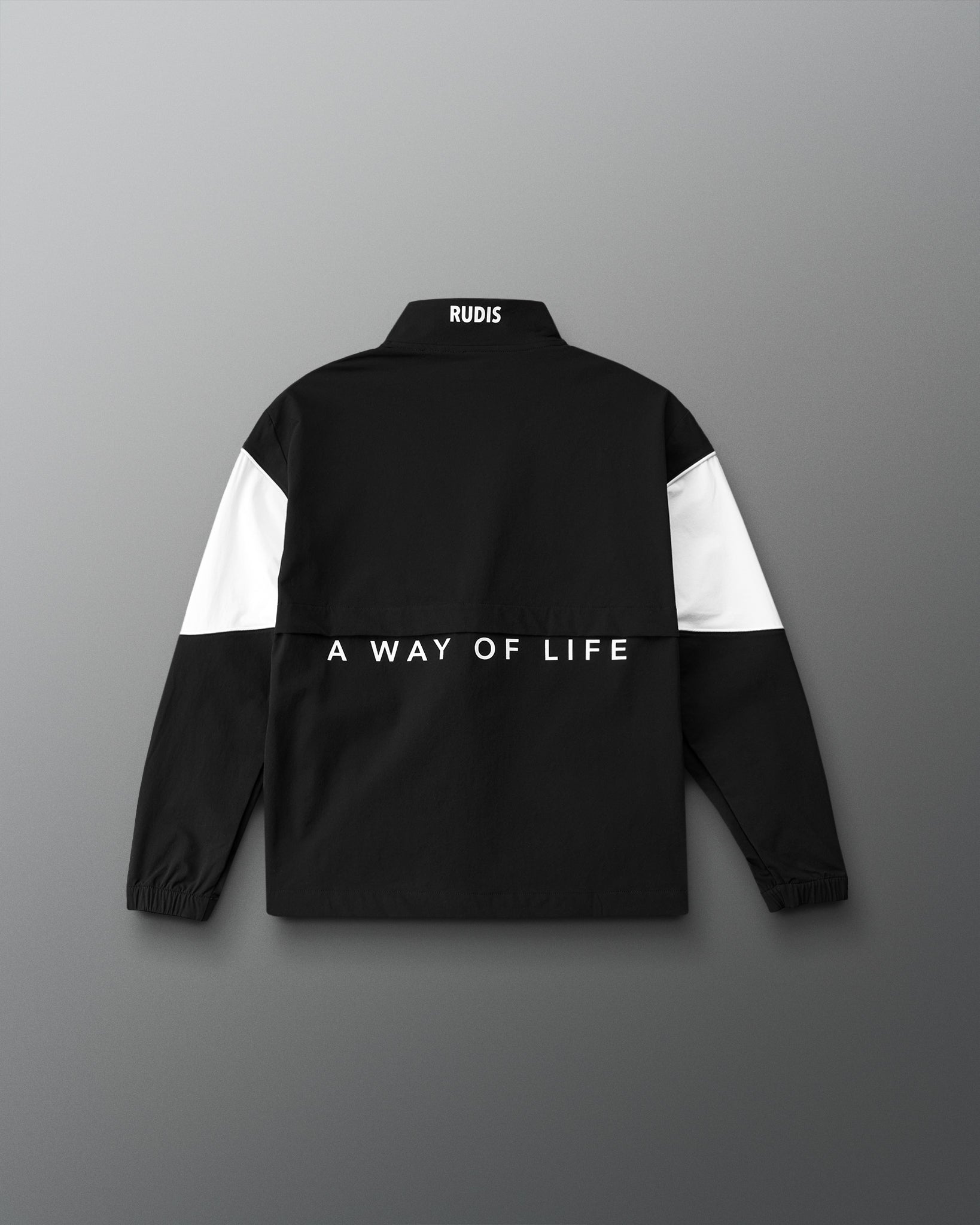 Black jacket with white sleeves and text on a gray background