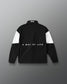 Black jacket with white sleeves and text on a gray background