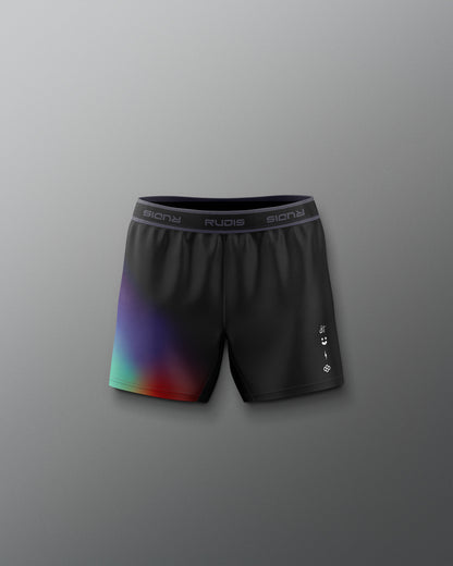 Black athletic shorts with colorful gradient design on a gray background