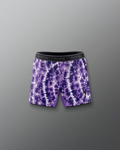 Purple tie-dye shorts with a brand logo on a gray background