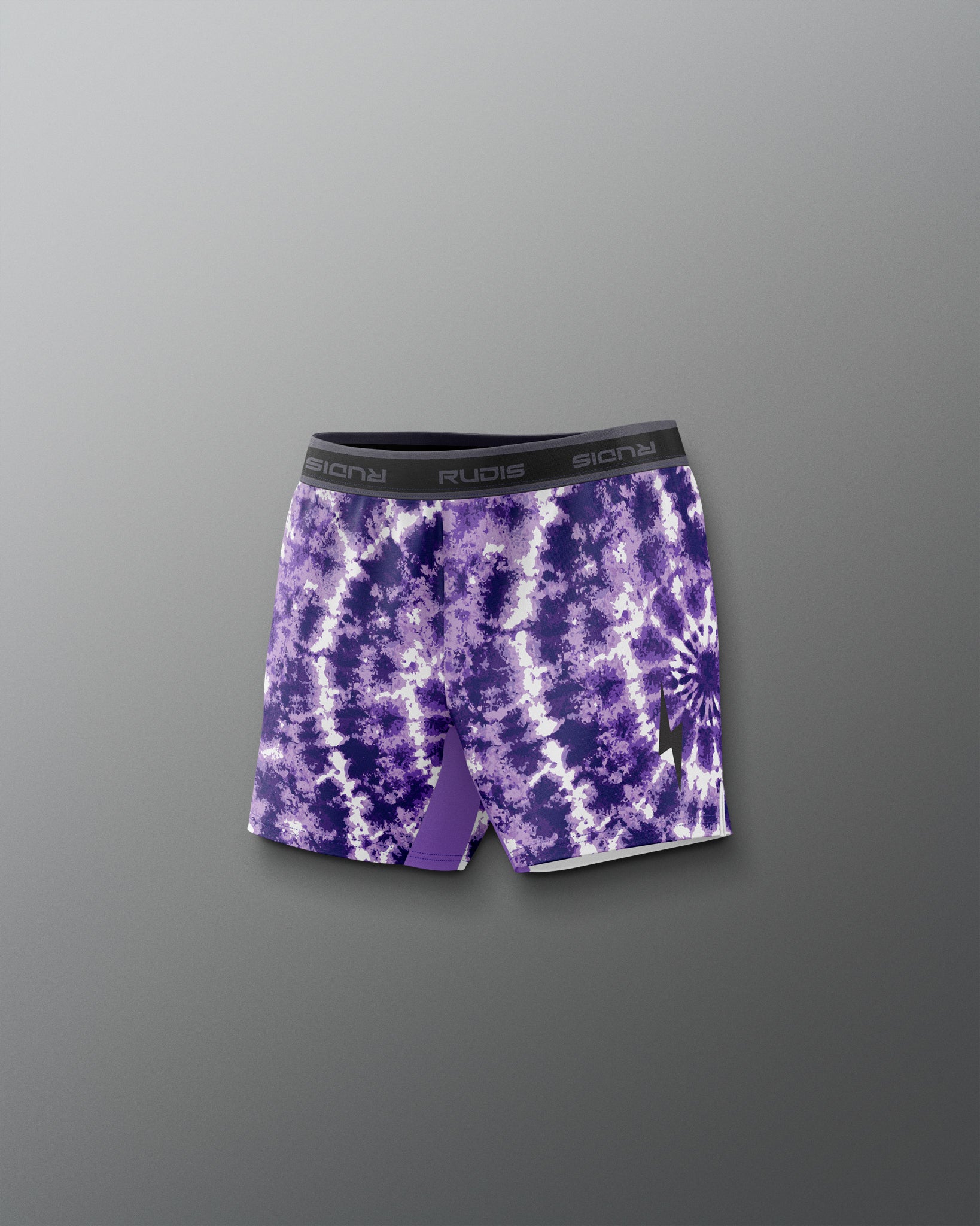 Purple tie-dye shorts with a brand logo on a gray background