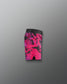 Pink and black patterned shorts on a gray background