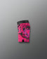 Pink and black patterned shorts on a gray background