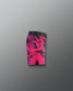 Pink and black patterned shorts on a gray background