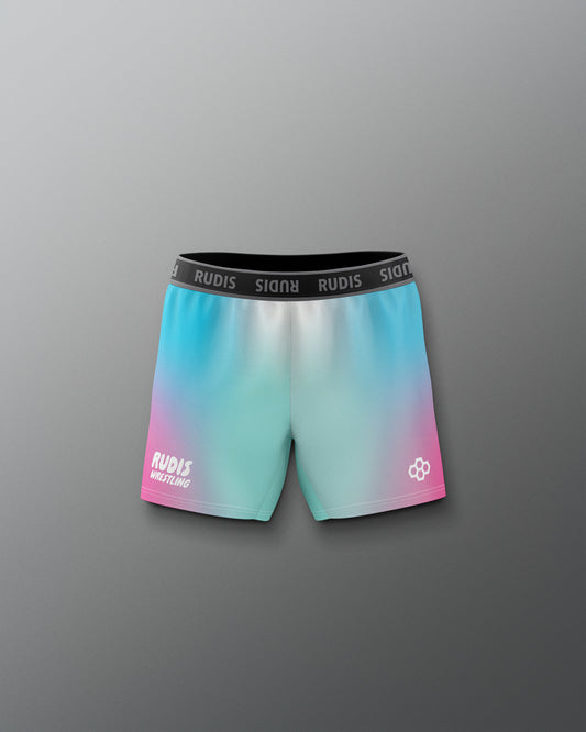 Gradient shorts with 'RUDIS' branding on a gray background