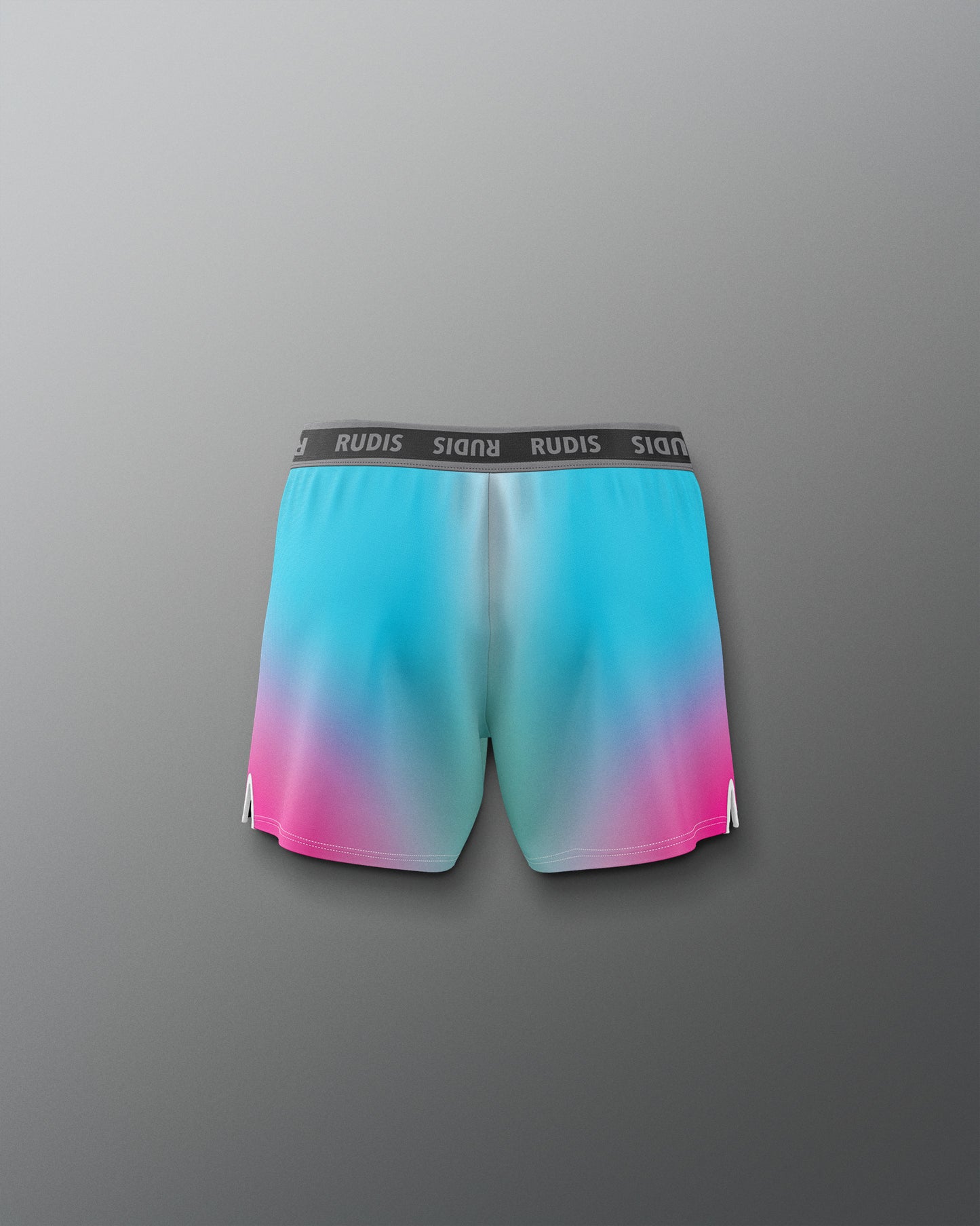 Gradient shorts with blue, pink, and white color on a gray background