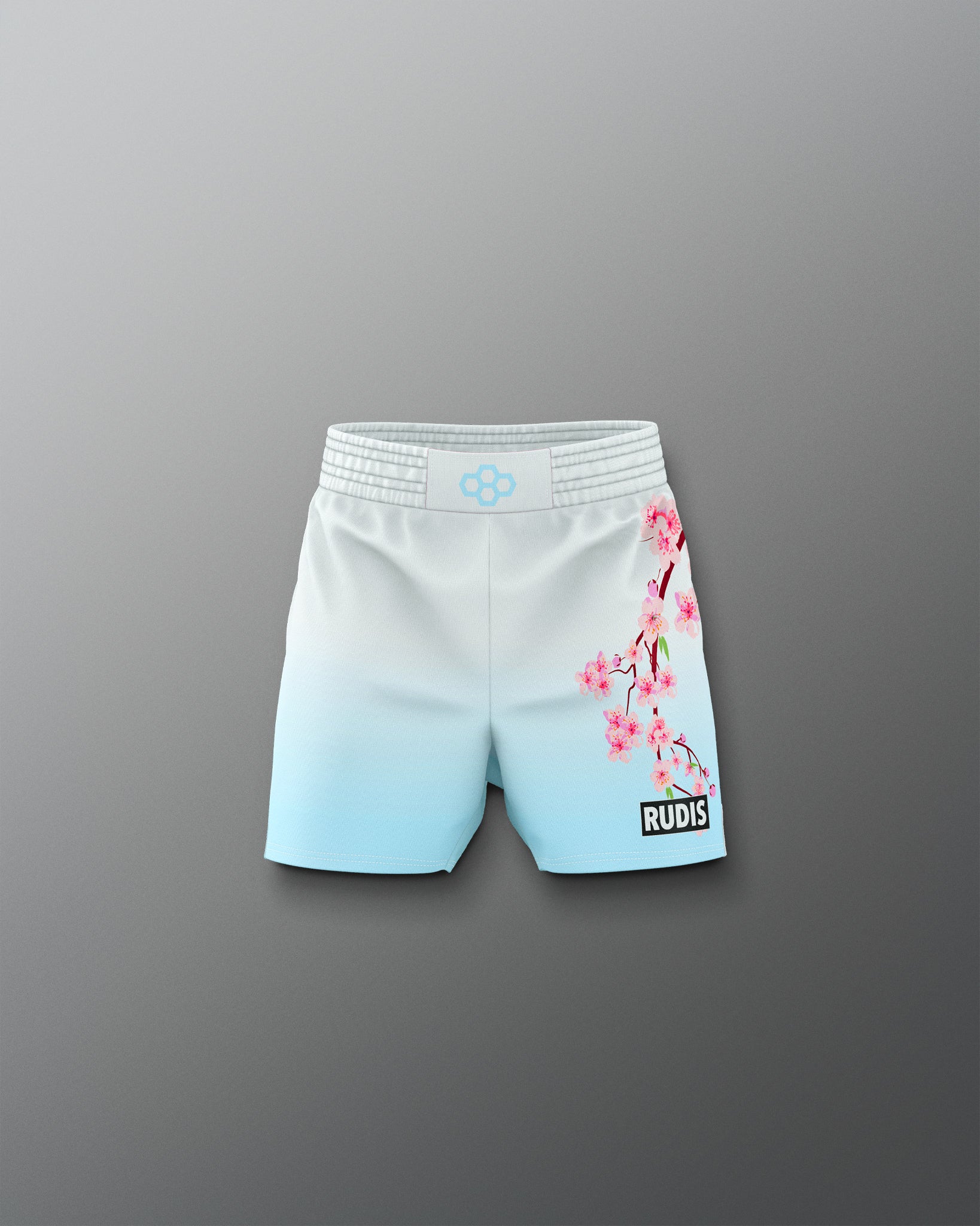 Light blue shorts with cherry blossom design on a gray background