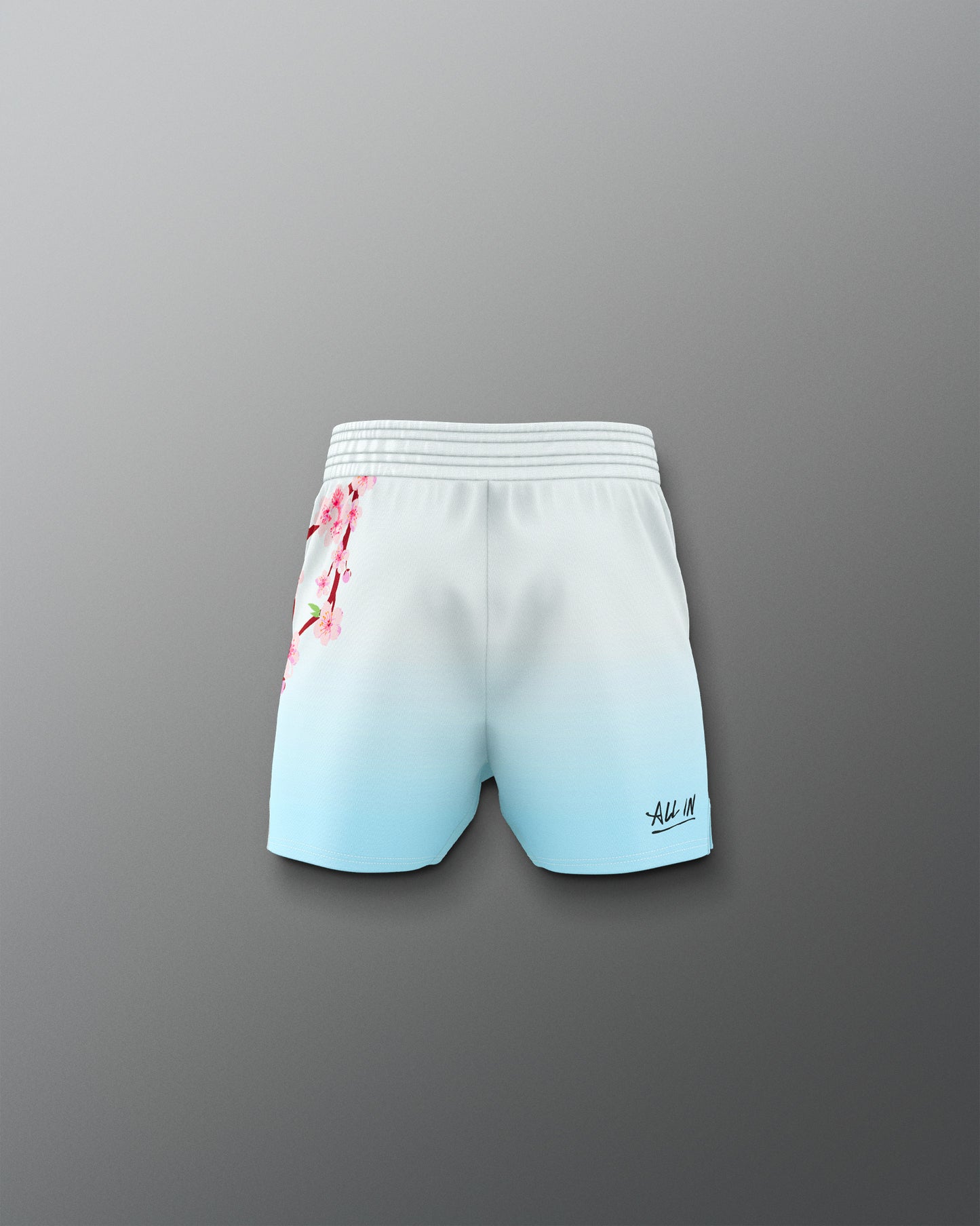 White shorts with floral design on a gray background