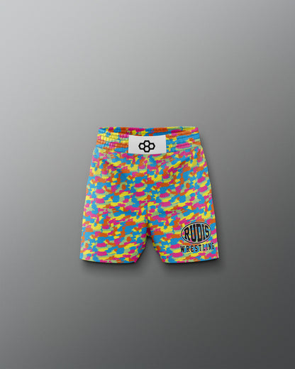 Colorful wrestling shorts with a logo on a gray background