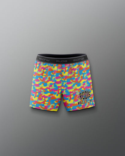 Colorful camouflage wrestling shorts with a brand logo on a gray background