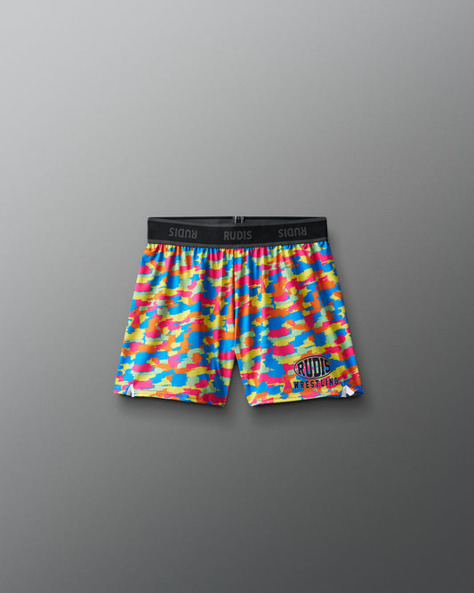 Colorful camouflage wrestling shorts with a brand logo on a gray background