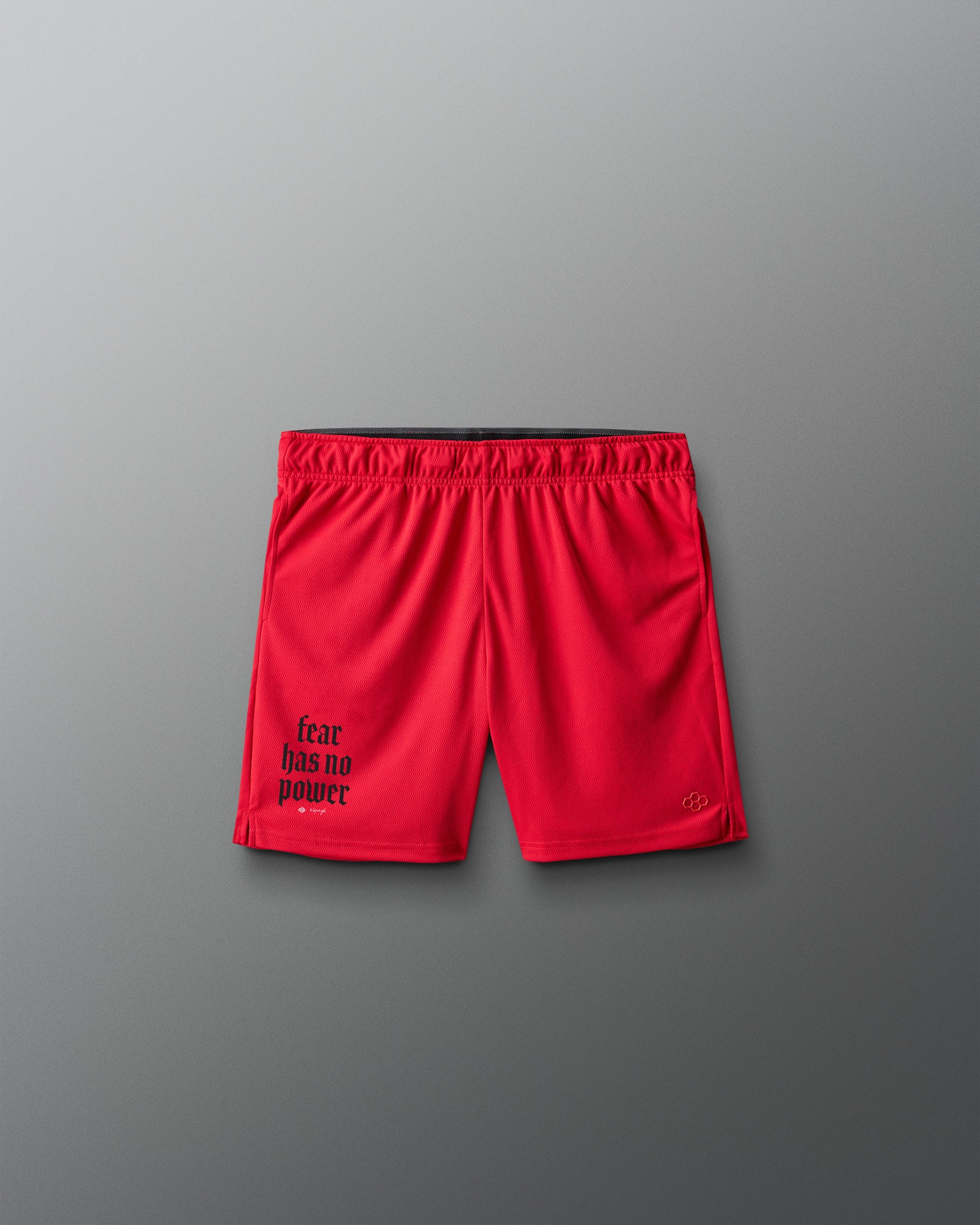 Red shorts with text on a gray background
