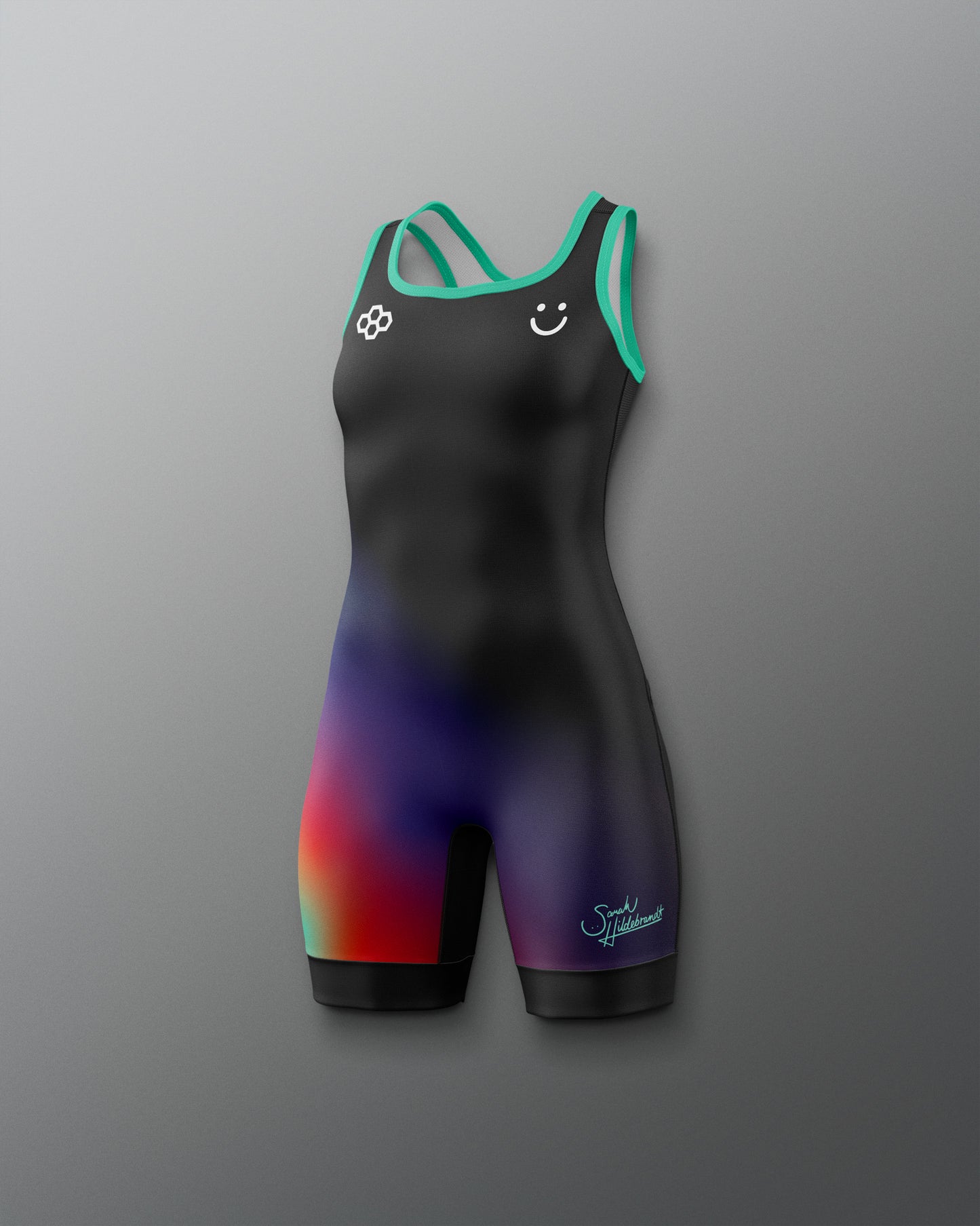Black swimsuit with colorful gradient design on a gray background