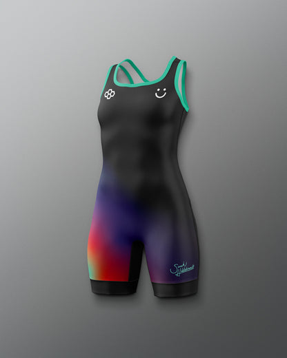 Black swimsuit with colorful gradient design on a gray background