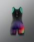 Multicolored athletic suit with gradient design on a gray background