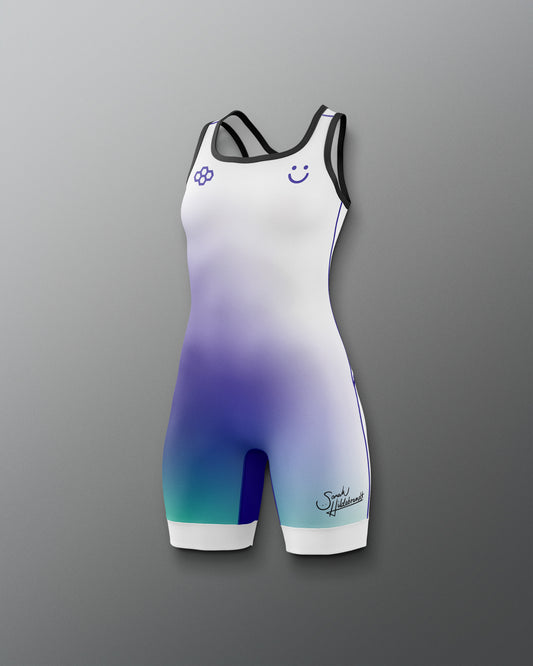 Gradient swimsuit with white, purple, and blue design on a gray background