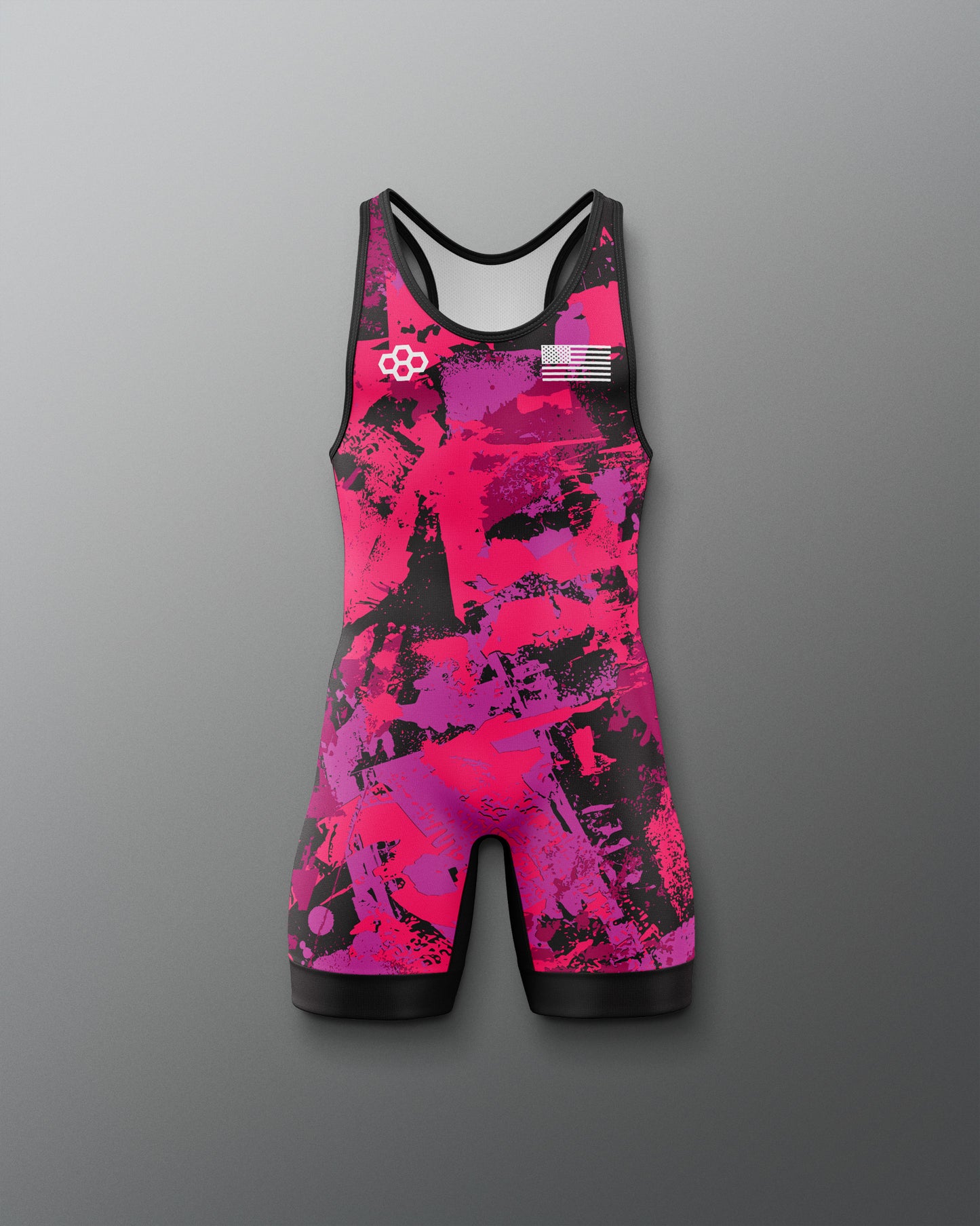 Wrestling singlet with pink and black abstract design on a gray background