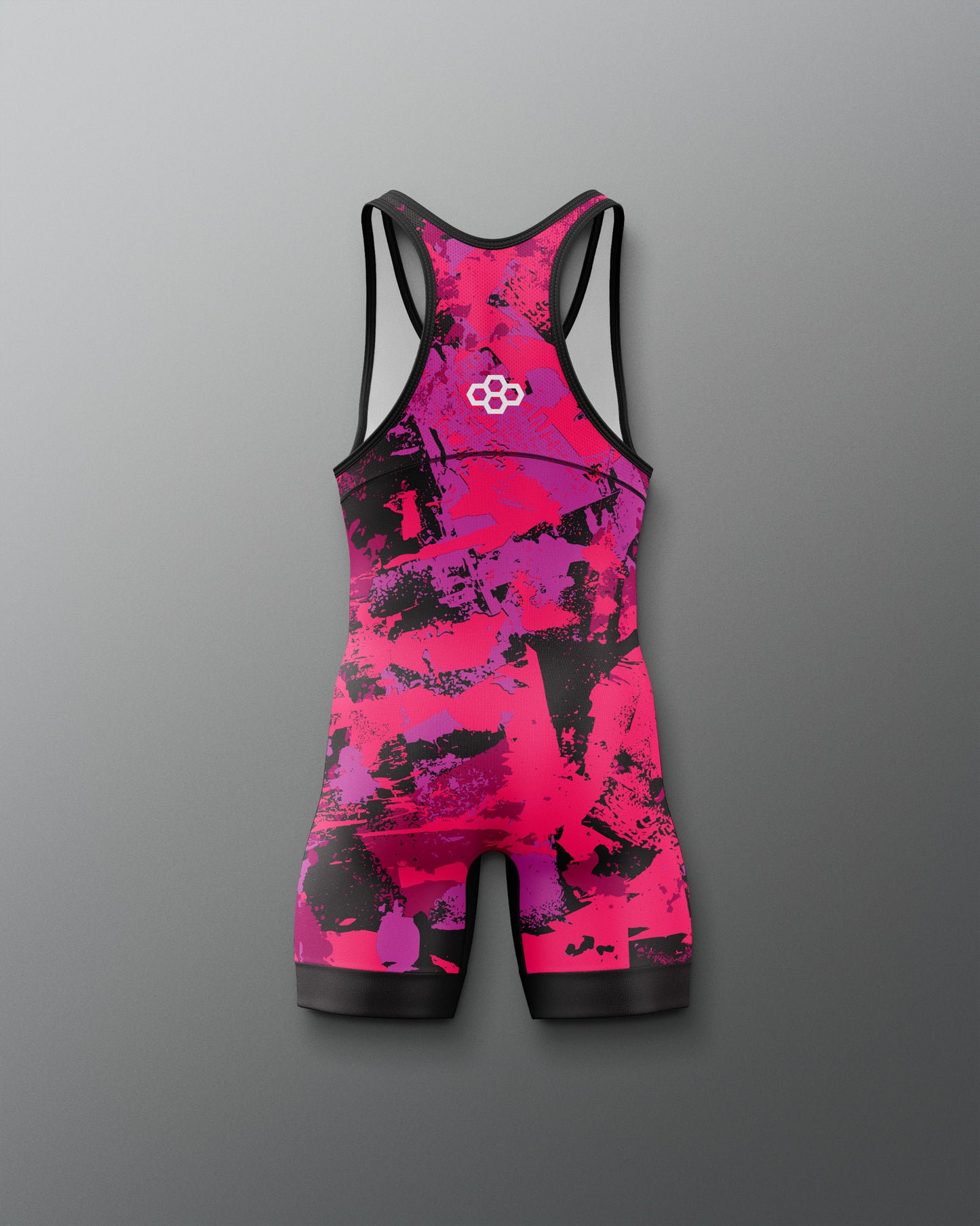 Pink and black athletic suit with a logo on a gray background