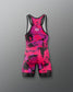 Pink and black athletic suit with a logo on a gray background
