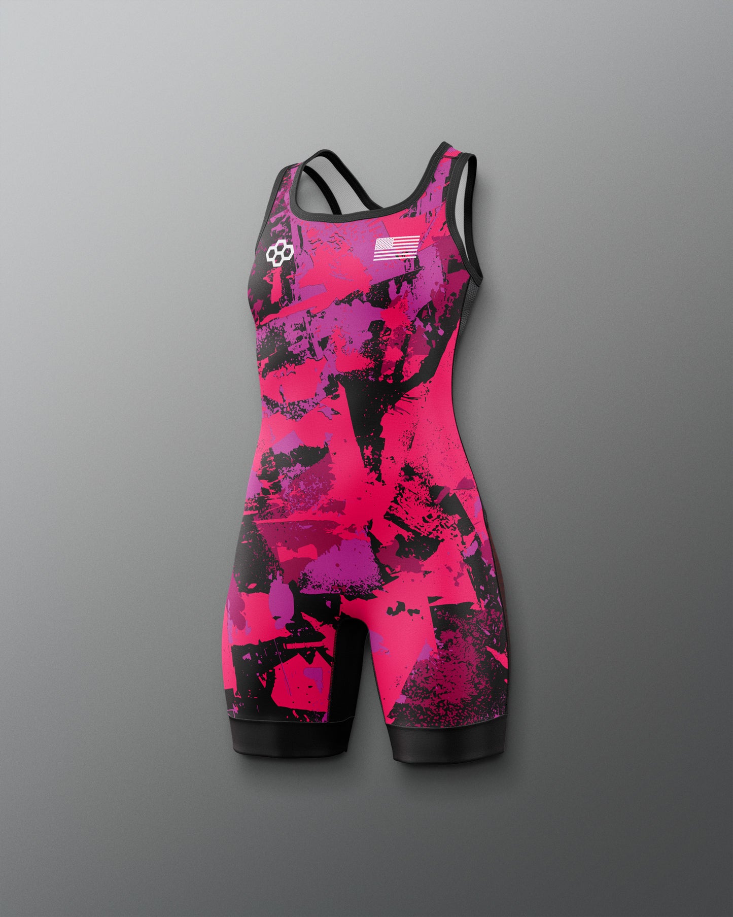 Pink and black athletic suit on a gray background